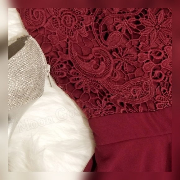 Lulus ✦ Burgundy Lace Skater Dress ✦ Crocheted Bodice w/ Chiffon Open-Back Skirt - Picture 10 of 16
